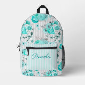 Sac À Dos Imprimé Roses Bleus Turquoise, Rayures Grises et Monogramm (Recto)