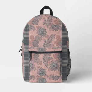 Sac À Dos Imprimé Roses et Tartan Rose Pâle en Gris Ardoise Shabby C