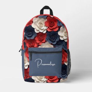 Sac À Dos Imprimé Roses Red White Blue tendance Nom personnalisé