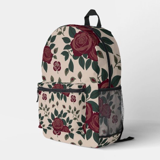 Sac À Dos Imprimé Roses Rouge Foncé Avec Feuilles Vertes (Coin arrière droit)