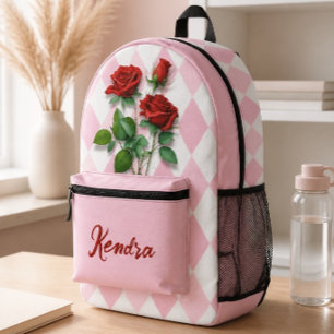 Sac À Dos Imprimé Roses rouges et motif diamant rose et blanc