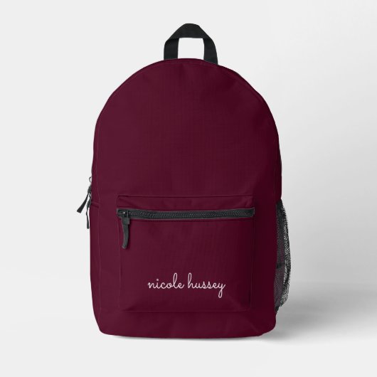 Sac À Dos Imprimé Script Bourgogne | Monogramme moderne élégant (Recto)
