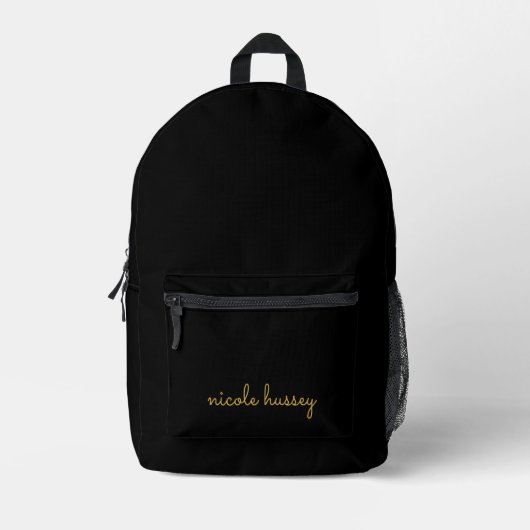 Sac À Dos Imprimé Script Noir et Or  | Monogramme Moderne Élégant (Recto)