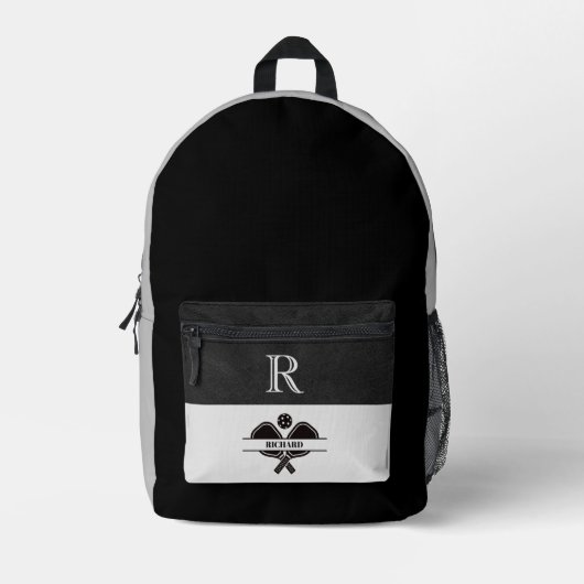 Sac À Dos Imprimé Style Black Grey Pickleball Design Monogramme Nom (Recto)