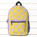 Sac À Dos Imprimé Super jaune violet moderne Floral Personnalisé<br><div class="desc">Super jaune violet moderne motif floral Nom personnalisé Les sacs à dos comporte un motif de fleurs jaune, violet et blanc brillant sur un arrière - plan chèque. Personnalisé avec votre nom. Faites un grand cadeau pour l'anniversaire, Noël, les vacances, la fête des mères et de retour à l'école. Parfait...</div>