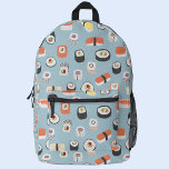 Sac À Dos Imprimé Sushi japonais<br><div class="desc">Motif japonais d'art culinaire avec sushi, nigiri et rouleaux de maki sur un arrière - plan bleu oeuf de canard. Parfait pour les gourmets, les chefs et les gourmets. Art original de Nic Squirrell.</div>
