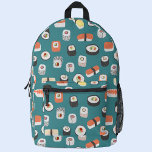 Sac À Dos Imprimé Sushi japonais<br><div class="desc">Motif japonais d'art alimentaire avec sushi,  nigiri et maki rouleaux sur un profond arrière - plan vert turquoise. Parfait pour les gourmets,  les chefs et les gourmets. Art original de Nic Squirrell.</div>