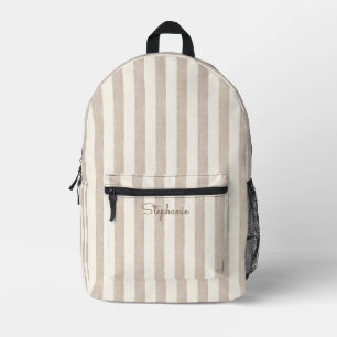 Sac À Dos Imprimé Taupe Beige Neutre Motif Rayé Nom Personnalisé