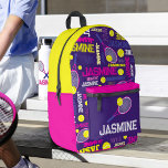 Sac À Dos Imprimé Tennis sports rose blanc bleu jaune<br><div class="desc">Tennis sport rose blanc bleu jaune personnalisé sac à dos. Sport balle de tennis et raquette sur un sac de nom personnalisé arrière - plan violet bleu foncé. Ce sac à motifs typographique à thème sportif a des balles de tennis et des racquets qui frappent les balles avec du violet...</div>