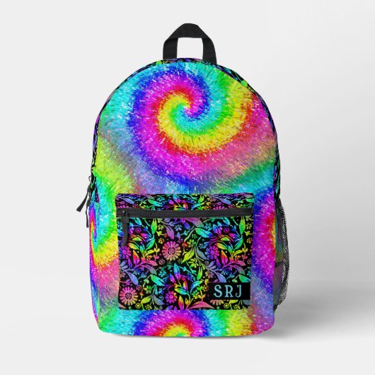Sac À Dos Imprimé Tiedye Psychedelic Retro Hippie Fleurs Monogramme (Recto)