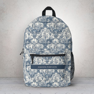 Sac À Dos Imprimé Toile de Jouy Florale Monogramme Damassé Bleu Vint