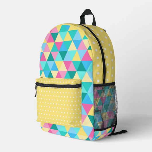 SAC À DOS IMPRIMÉ TRIANGLE JAUNE ROSE BLEU VERT & POIS (Coin arrière droit)
