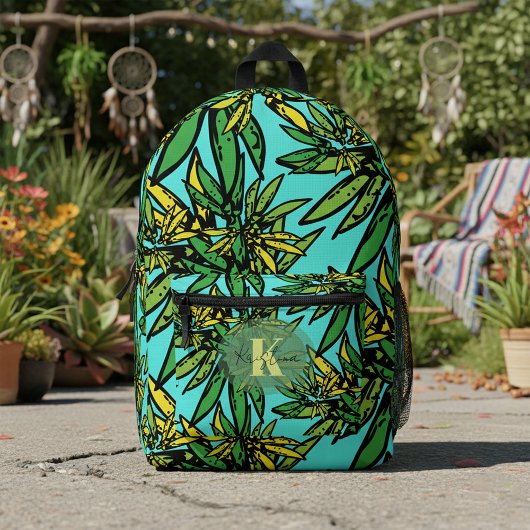 Sac À Dos Imprimé Tropical Exotic Green Jaune Feuilles sur Turquoise
