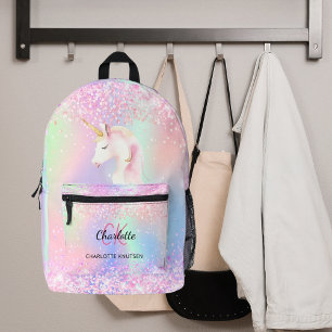 Sac À Dos Imprimé Unicorne nom monogramme rose holographique