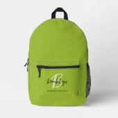 Sac À Dos Imprimé Vert Citron Branché Monogramme Nom Blanc (Recto)
