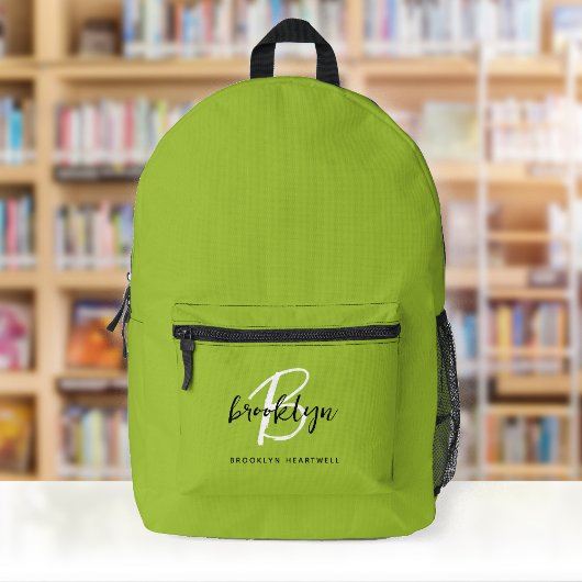 Sac À Dos Imprimé Vert Citron Branché Monogramme Nom Blanc