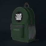 Sac À Dos Imprimé Vert Foncé | Logo et texte personnalisés<br><div class="desc">Vert foncé écologique biologique | Logo d'entreprise personnalisé et texte moderne Professionnel imprimé sac à dos</div>