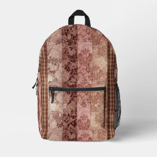 Sac À Dos Imprimé Vintage Rose Gold et Marron Damassé Patchwork Rayé