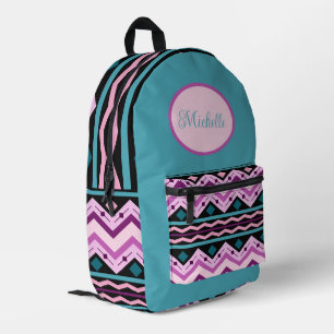 Sac À Dos Imprimé Zig Zags Géométriques Vibrants en Bleu, Rose, Viol
