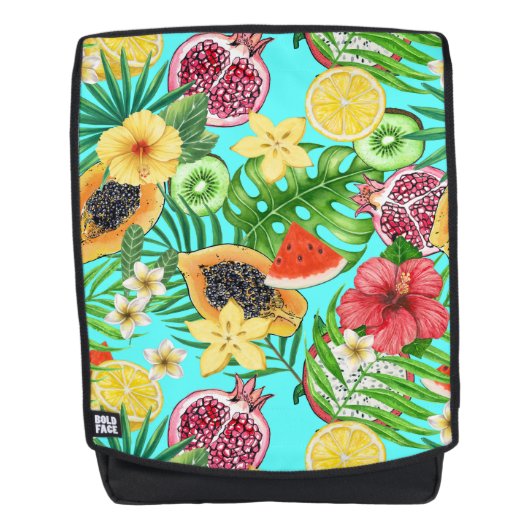 Sac À Dos Mix-fruit tropical, fleurs et feuilles en bleu (Devant)