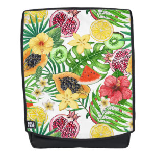 Sac À Dos Mix-fruit tropical, fleurs et feuilles sur blanc