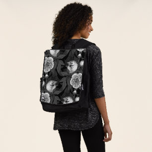 Sac À Dos Oiseaux et fleurs de pivoines monochromes, gris