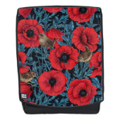Sac À Dos Pavot rouge et brunes, feuilles bleus sur noir (Devant)