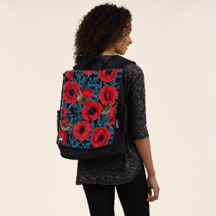 Sac À Dos Pavot rouge et brunes, feuilles bleus sur noir