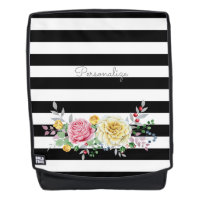 Rose Chic Floral Tendance Rayures Noires et Nom