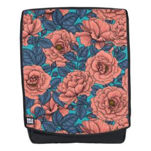 Sac À Dos Roses roses avec feuilles bleus sur bleu