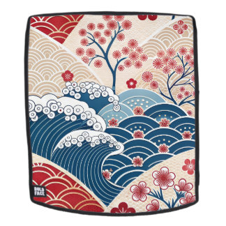 Sac À Dos Traditional Red Blue Japanese Wave Sakura Pattern