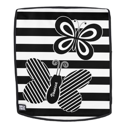 Sac À Dos Trendy Black and White Butterfly Stripes avec nom (Devant amovible)