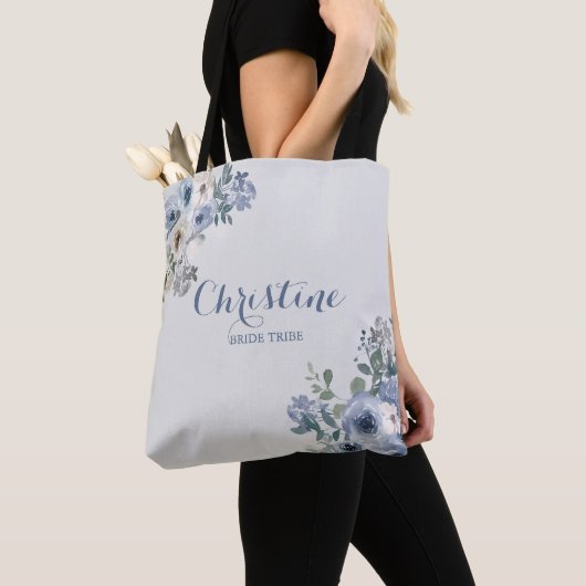 Sac à main bleu poussiéreux blanc floral pour la t (De près)
