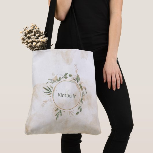 Sac à main floral à monogramme initial vert sauge (De près)