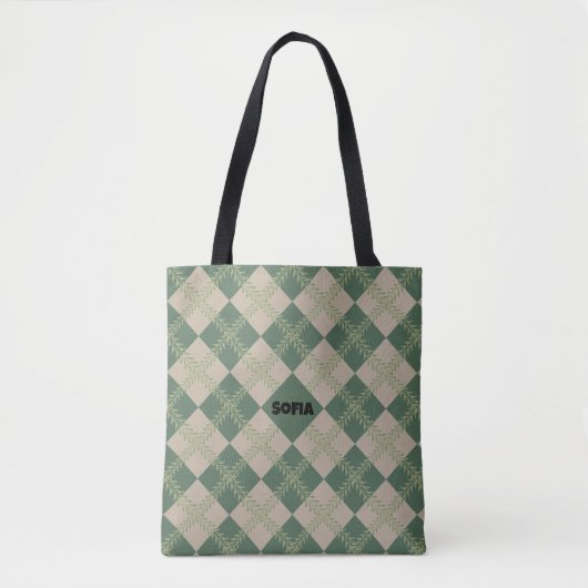 Sac à main vert à motif Argyle rouge avec nom (Devant)