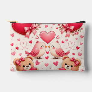 Sac à Maquillage Cœurs et Oiseaux Roses Romantique