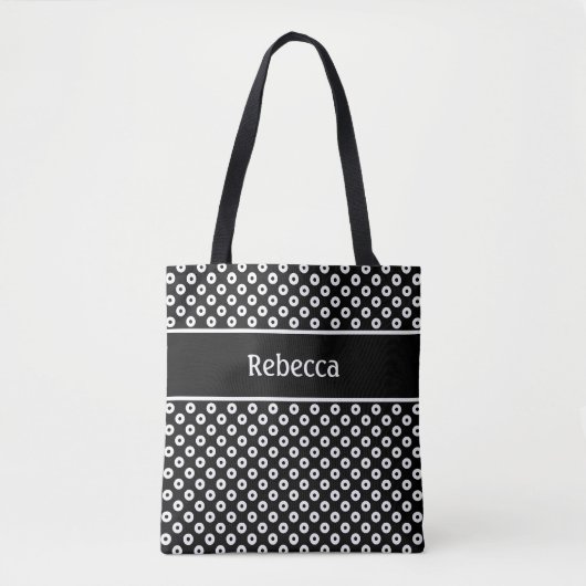 Sac à pois noir et blanc avec bande de nom (Devant)