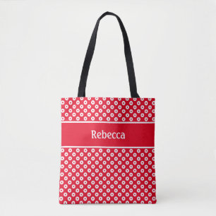 Sac à pois rouge et blanc avec bande de nom