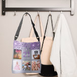 Sac Ajustable Anniversaire argent violet parties scintillant pho<br><div class="desc">Un cadeau unique pour le 21e anniversaire d'une fille/femme (ou tout âge), célébrant sa vie avec un collage de 5 de vos propres photos, photos. Personnalisez et ajoutez son nom, son âge de 21 ans et une date. Un arrière - plan métallique à l'aspect faux argenté. Décoré avec de la...</div>