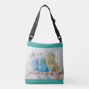 Sac Ajustable Aqua Budgie Birds Branch Watercolor Crossbody Bag