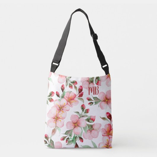 Sac Ajustable Aquarelle de fleurs de cerisier rose monogramme (Devant)