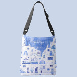 Sac Ajustable Aquarelle personnalisée de l'île grecque de Santor<br><div class="desc">Aquarelle bleu et blanc,  peinture murale basée sur l'île grecque de Santorin. Art original de Nic Squirrell. Modifiez le nom pour personnaliser.</div>