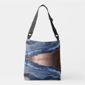 Sac Ajustable Bleu agate marbre rose or nom script (Devant)