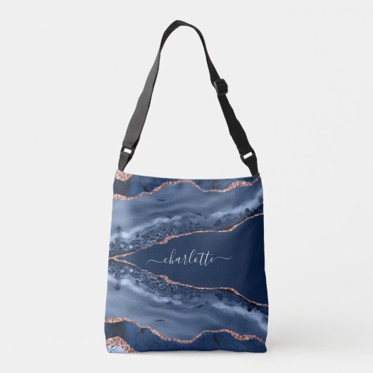 Sac Ajustable Bleu agate marbre rose or nom script (Dos)