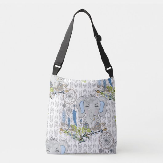 SAC AJUSTABLE BLEUE & GRIS BOHO BABY ELEPHANT & DREAMCATCHER (Devant)