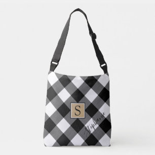 Sac Ajustable Buffalo Plaid Monogramme Nom du script noir blanc