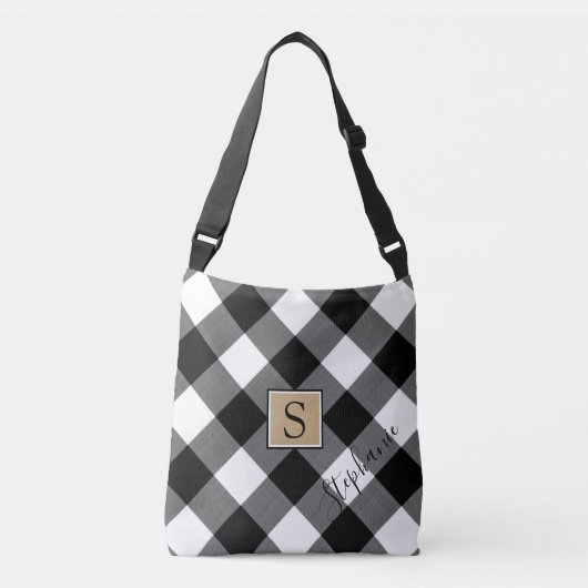 Sac Ajustable Buffalo Plaid Monogramme Nom du script Noir Blanc (Devant)