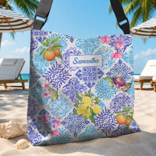 Sac Ajustable Carreaux d'azulejo floraux de citrus bleu sicilien