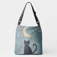 Chat noir endormi avec croissant de lune et étoile