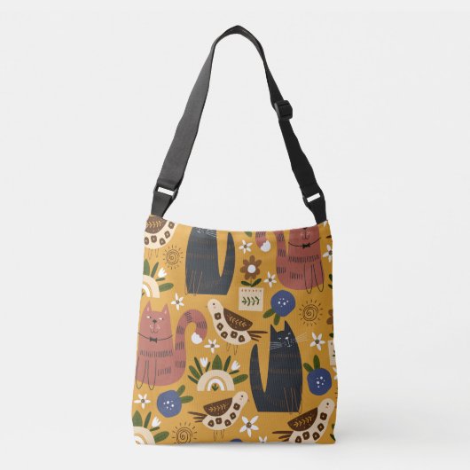 Sac Ajustable Chats vintages et oiseaux, Main Tirée. (Devant)